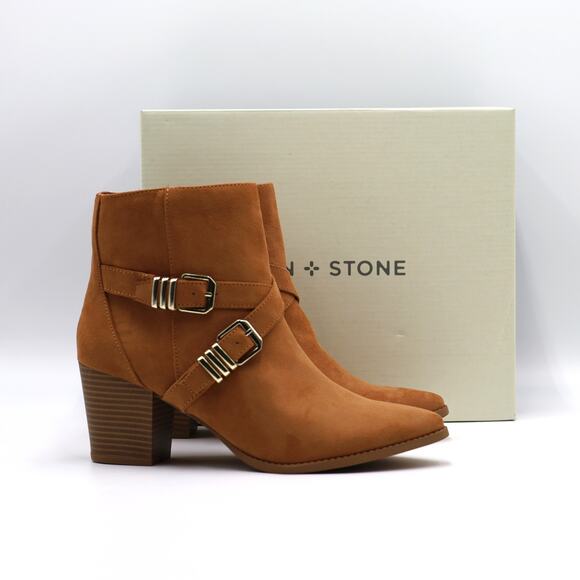 Sun+Stone Women Tan Faux Suede Elyssaa Pointed-Toe Buckle Ankle Booties Size 8.5 - Picture 2 of 7
